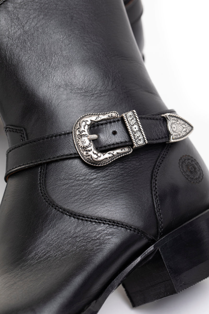 Black booties with silver hot sale buckles