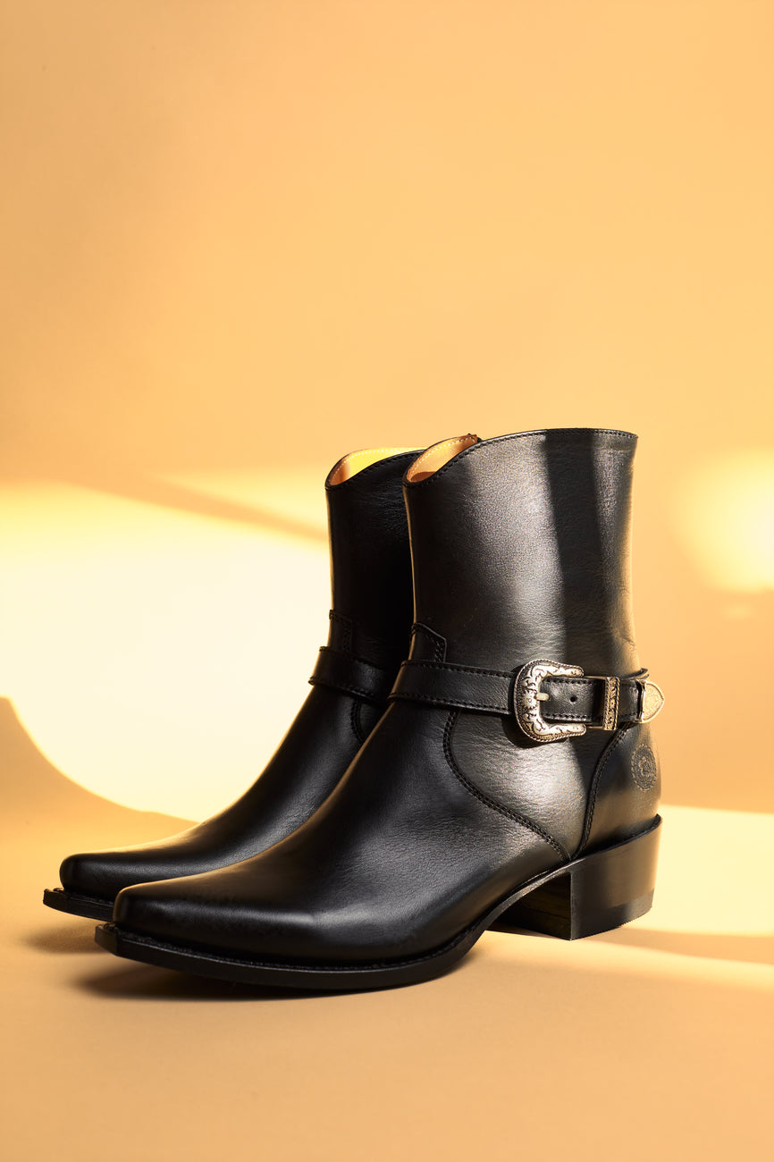 Black leather shop buckle booties